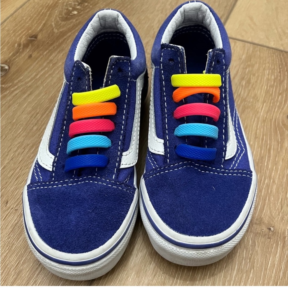 🌈 Blue Slip On Vans with rainbow elastic laces Toddler Vans Sz 10.5
